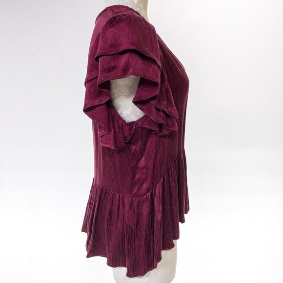 Neiman Marcus M Silky Ruffle Babydoll Blouse Red - Picture 6 of 10